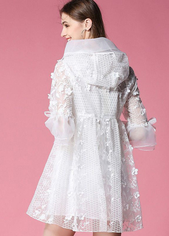 Women White Hooded Embroidered Tulle Mini Dresses Flare Sleeve