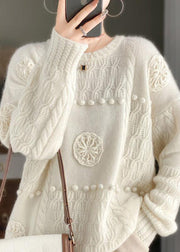 Women White O-Neck Floral Cozy Cashmere Knit Sweater Long Sleeve