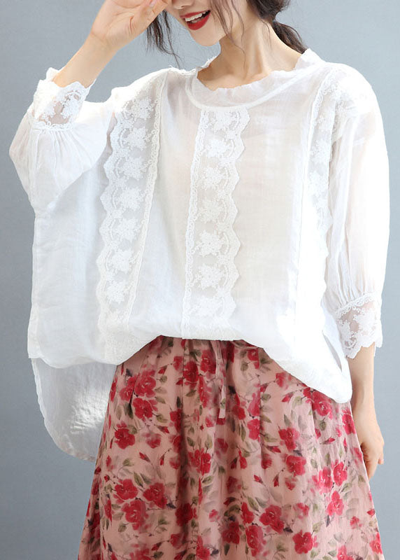 Women White O-Neck Oversized Linen Blouse Tops Bracelet Sleeve