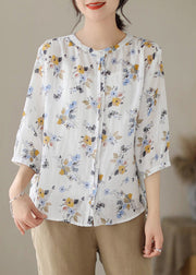 Women White O-Neck Print Button Ramie Shirts Summer