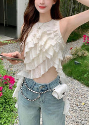 Women White O-Neck Ruffled Cotton Tops Sleeveless