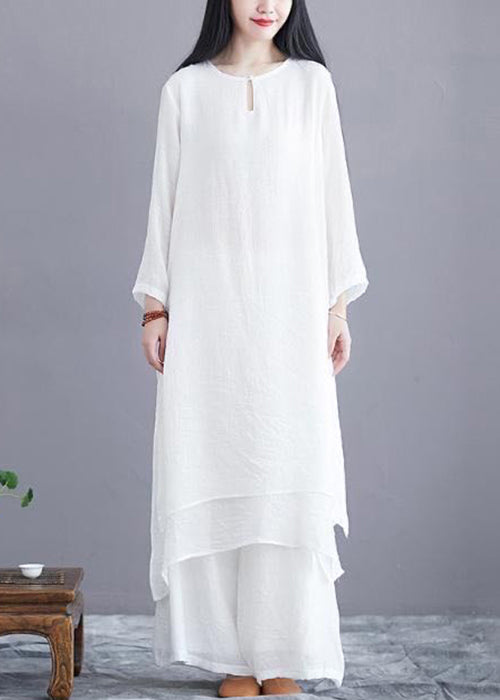 Women White O Neck Side Open Cotton Two Pieces Set Long Sleeve