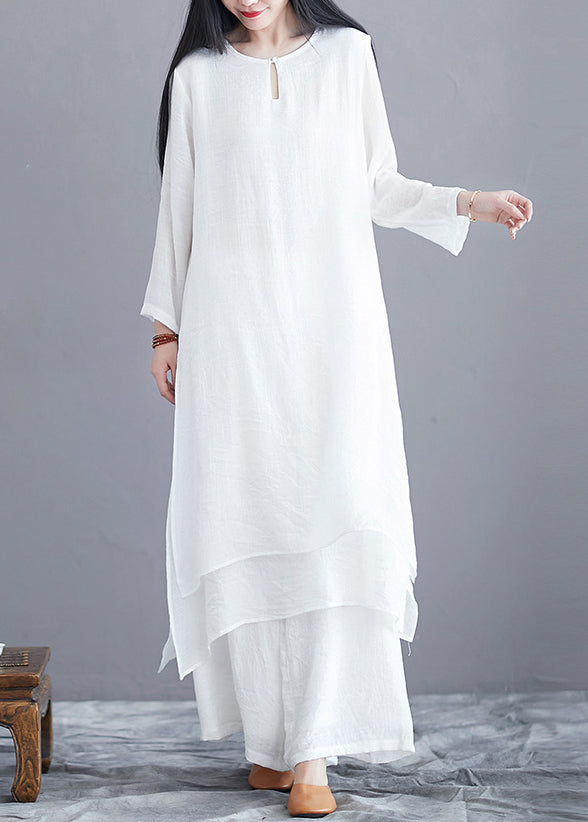 Women White O Neck Side Open Cotton Two Pieces Set Long Sleeve