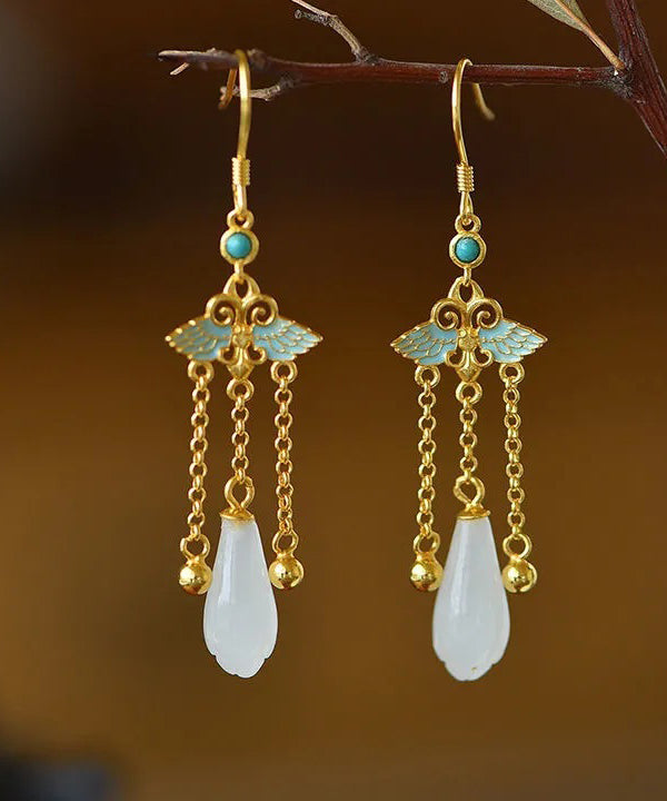 Women White Orchid Floral Jade Drop Earrings