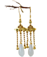 Women White Orchid Floral Jade Drop Earrings