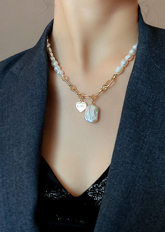 Women White Overgild Pearl Pendant Necklace