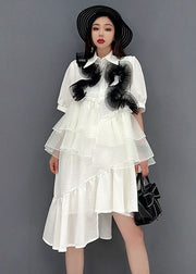 Women White Peter Pan Collar Asymmetrical Design Ruffles Patchwork Tulle Maxi Dresses Short Sleeve