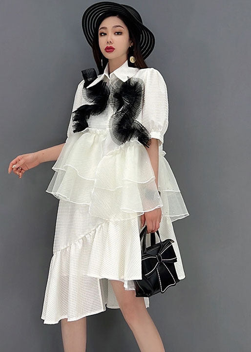 Women White Peter Pan Collar Asymmetrical Design Ruffles Patchwork Tulle Maxi Dresses Short Sleeve