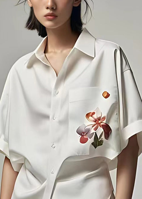 Women White Peter Pan Collar Button Print Cotton Shirt Summer