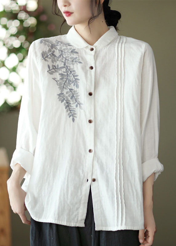 Women White Peter Pan Collar Embroideried Cotton Blouse Top Spring