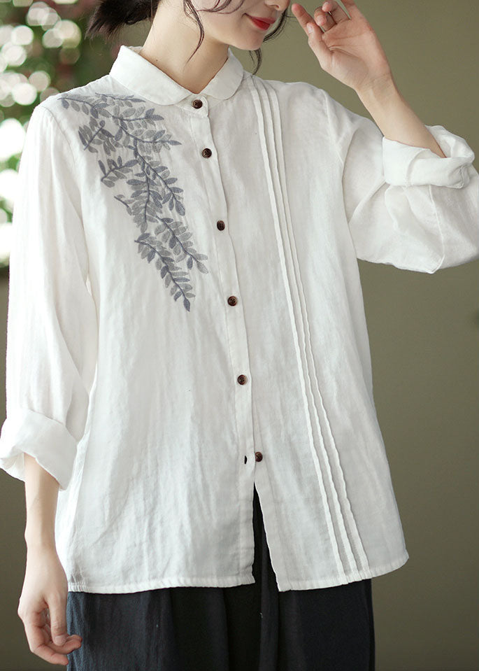 Women White Peter Pan Collar Embroideried Cotton Blouse Top Spring