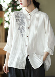 Women White Peter Pan Collar Embroideried Cotton Blouse Top Spring