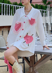 Women White Peter Pan Collar Embroideried Loving Heart Button Shirt Long Sleeve