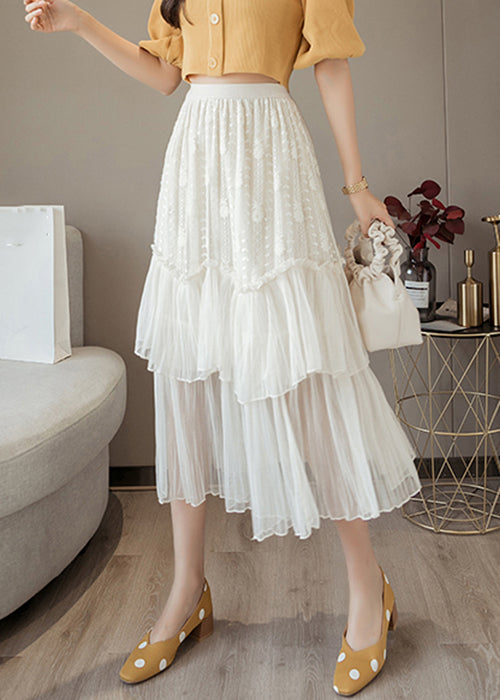 Women White Ruffled High Waist Chiffon Skirt Summer