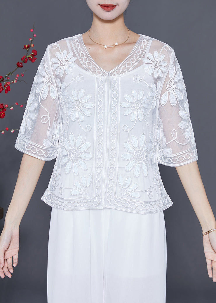 Women White Sequins Embroideried Floral Tulle Cardigan Summer