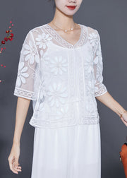 Women White Sequins Embroideried Floral Tulle Cardigan Summer