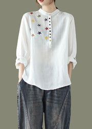 Women White Stand Collar Embroideried Linen Shirt Spring