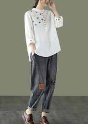 Women White Stand Collar Embroideried Linen Shirt Spring