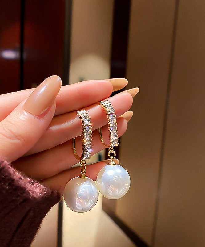 Women White Sterling Silver Alloy Zircon Pearl Drop Earrings