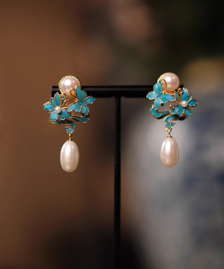 Women White Sterling Silver Overgild Enameling Butterfly Pearl Drop Earrings