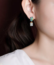 Women White Sterling Silver Overgild Jade Cloisonne Drop Earrings