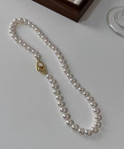 Women White Sterling Silver Overgild Pearl Beading Graduated Bead Necklace