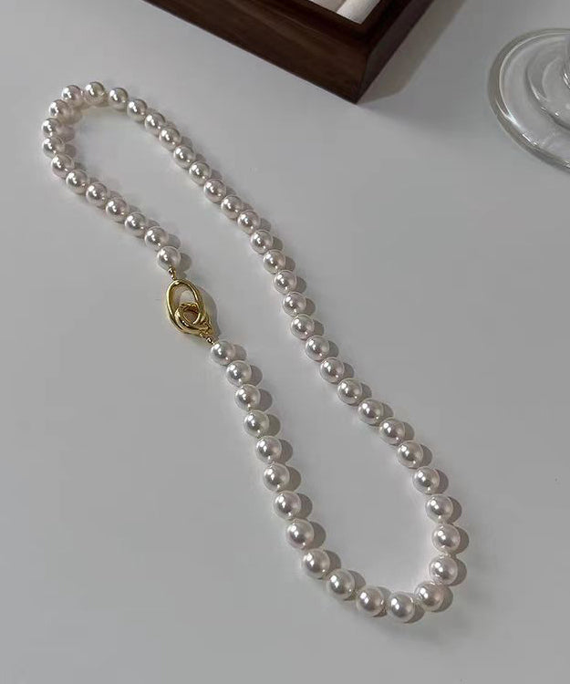 Women White Sterling Silver Overgild Pearl Beading Graduated Bead Necklace