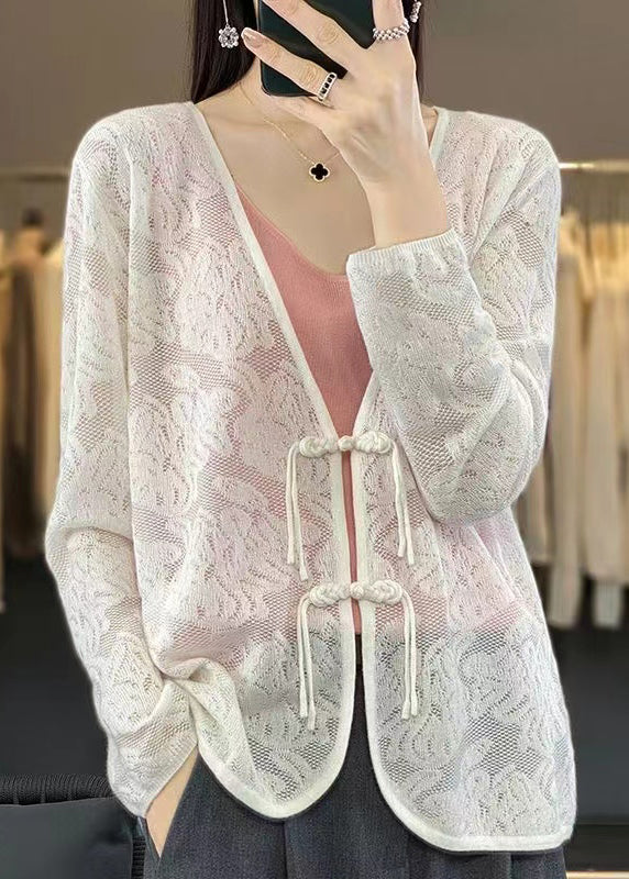 Women White V Neck Chinese Button Knit Cardigan Fall