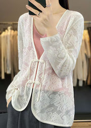 Women White V Neck Chinese Button Knit Cardigan Fall