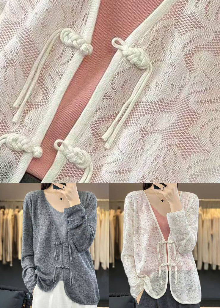 Women White V Neck Chinese Button Knit Cardigan Fall