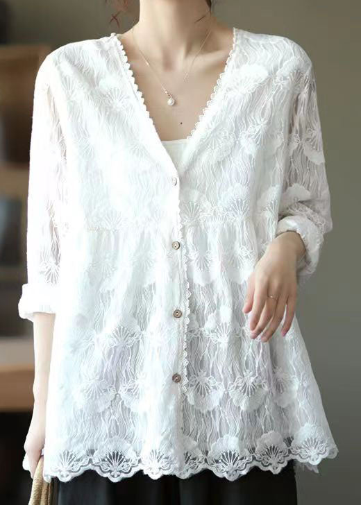 Women White V Neck Embroideried Lace Cardigans Tops Spring