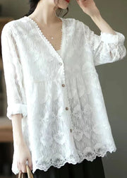 Women White V Neck Embroideried Lace Cardigans Tops Spring