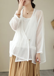 Women White V Neck Oversized Cotton UPF 50+ Cardigan Summer