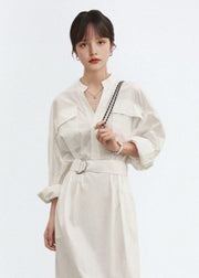 Women White V Neck Tie Waist Cotton Shirts Dress Fall