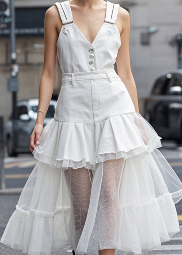 Women White V Neck Tulle Patchwork Denim Dress Summer