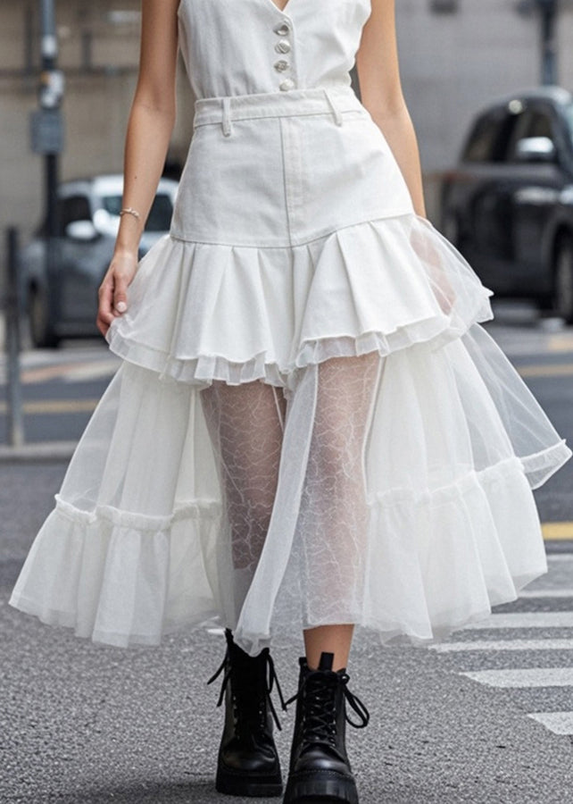 Women White V Neck Tulle Patchwork Denim Dress Summer