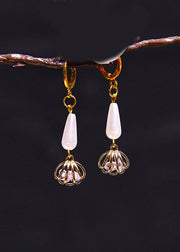 Women White Water Droplet Pearl Tassels Bud Drop Earrings