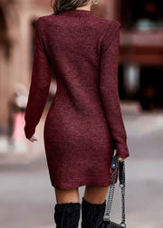 Women Wine Red Cozy High Waist Knit Dresses Fall