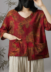 Women Wine Red V Neck Print Patchwork Cotton Top Summer