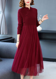 Women Wine Red Wrinkled Patchwork Knit Sweater Dress Long Sleeve