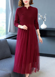 Women Wine Red Wrinkled Patchwork Knit Sweater Dress Long Sleeve