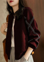 Women Wine Red Zip Up Patchwork Cotton Coats Fall