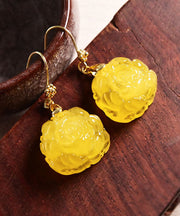 Women Yellow 14K Gold Amber Beeswax Floral Drop Earrings