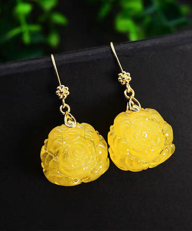 Women Yellow 14K Gold Amber Beeswax Floral Drop Earrings