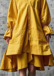 Women Yellow Asymmetrical Design Cotton Shirt Dresses Fall