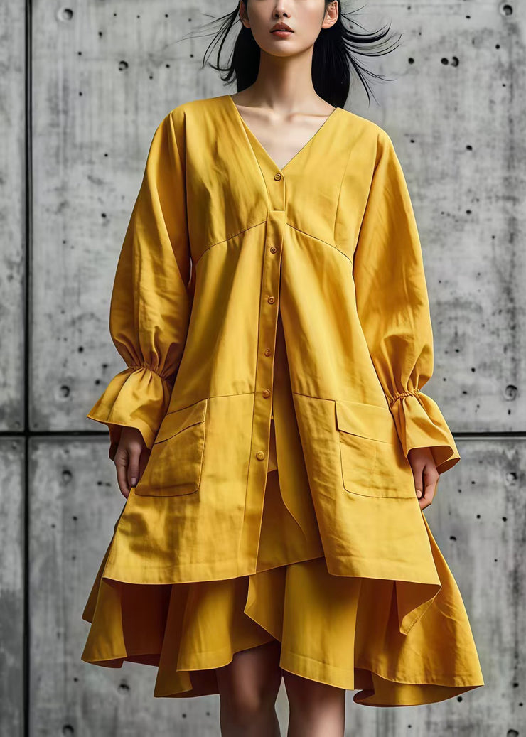 Women Yellow Asymmetrical Design Cotton Shirt Dresses Fall