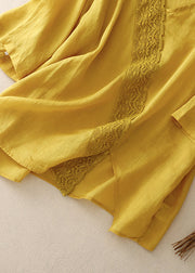 Women Yellow Asymmetrical Lace Patchwork Linen Shirts Summer