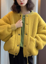 Women Yellow Button Pockets Teddy Faux Fur Coat Spring