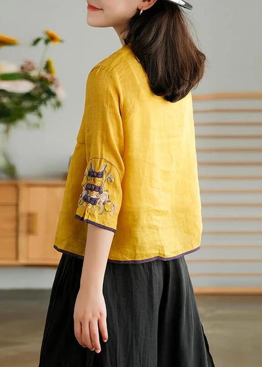 Women Yellow Casual Ramie Cardigan Embroidered Shirt - SooLinen