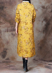 Women Yellow Chinese Button Print Cotton Filled Coat Long Sleeve